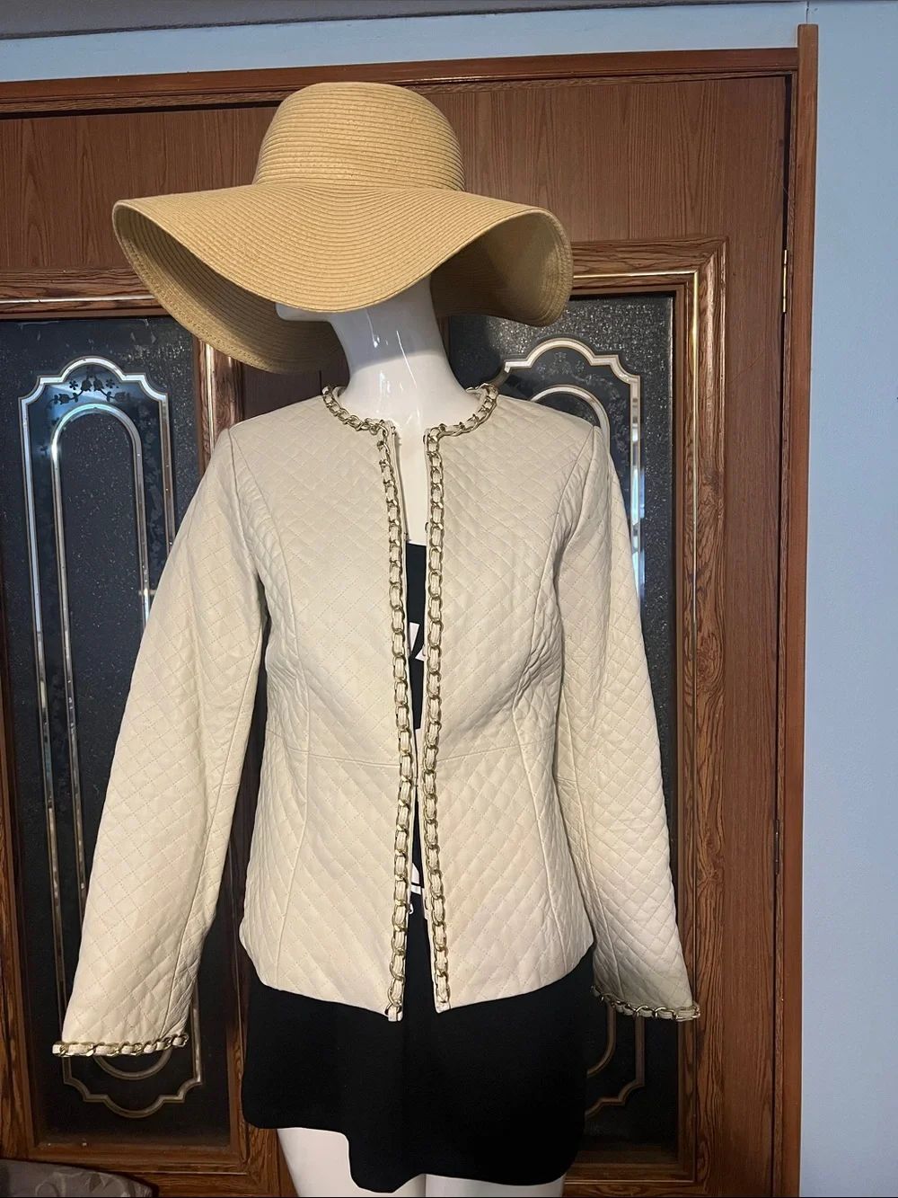 Women's Quilted Cream Jacket with Chain-Trim